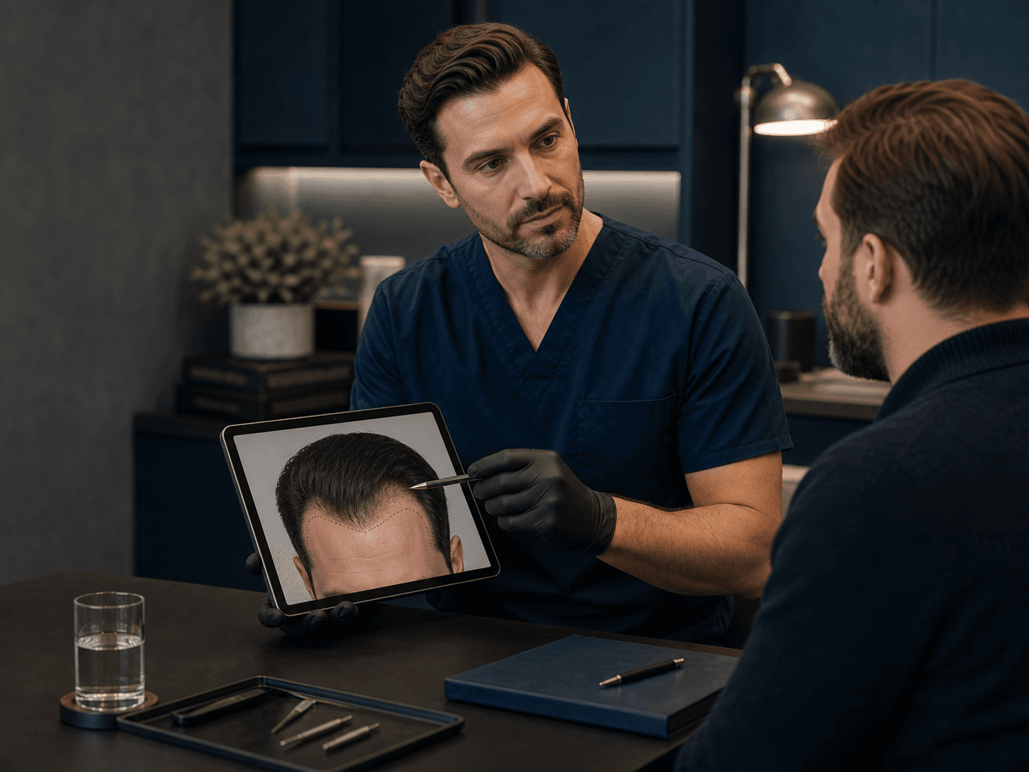 Male hair transplant consultation and hairline planning in a premium London clinic